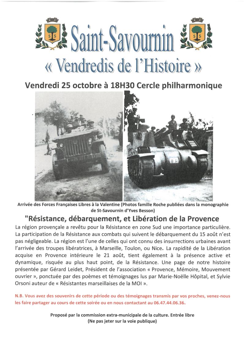 Mairie Saint-Savournin vendredi histoire Libération de la Provence 25 oct 2024